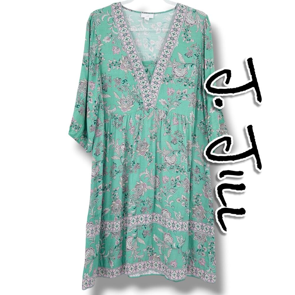 J Jill Mint Green Floral EcoVero V Neck Empire Dress Med Boho Cottagecore Midi